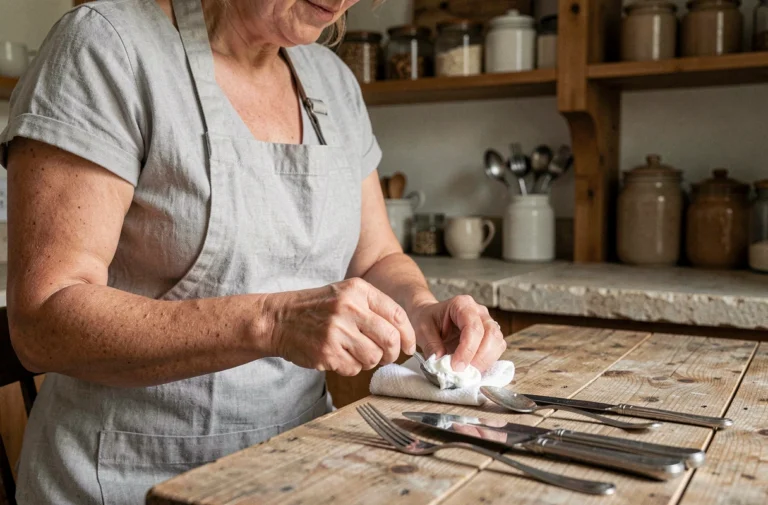 Femme qui fait briller une cuillère en argent noircie avec un chiffon et une pâte nettoyante dans une cuisine rustique