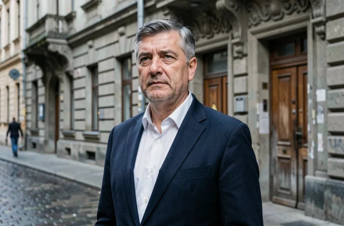 Portrait d'un homme d'origine slave en costume sombre devant une architecture historique d'Europe de l'Est, évoquant les racines familiales russes