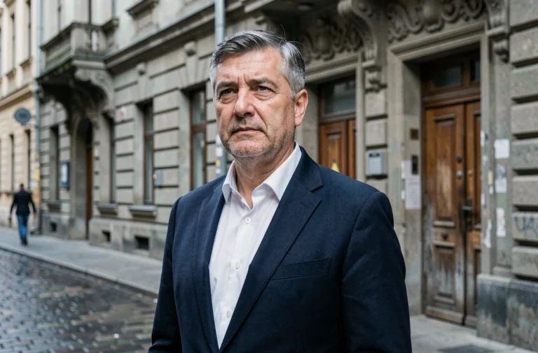 Portrait d'un homme d'origine slave en costume sombre devant une architecture historique d'Europe de l'Est, évoquant les racines familiales russes