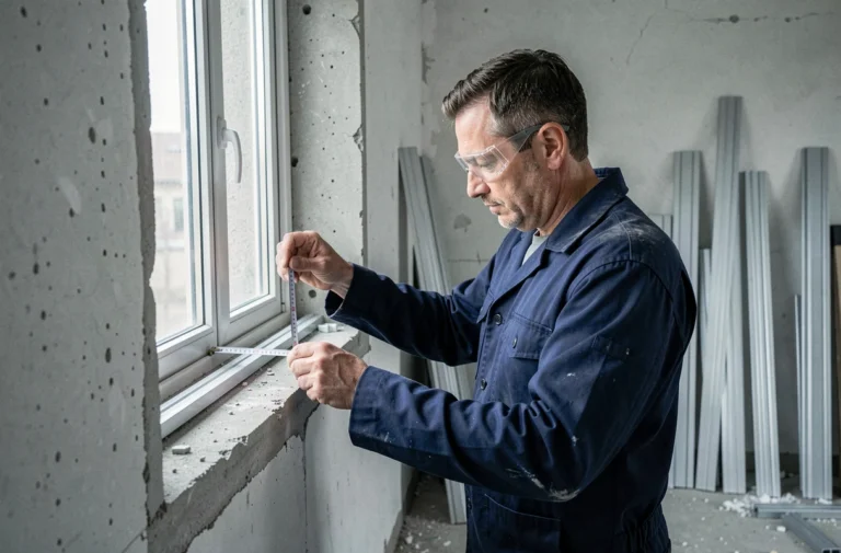Artisan mesurant un cadre de menuiserie aluminium dans une ouverture murale en béton lors de la pose