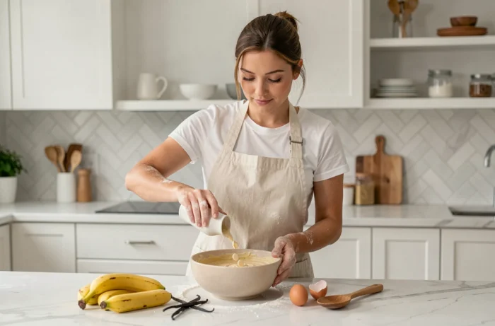 Femme préparant la pâte d'un cake banane chocolat blanc dans une cuisine moderne avec des ingrédients frais