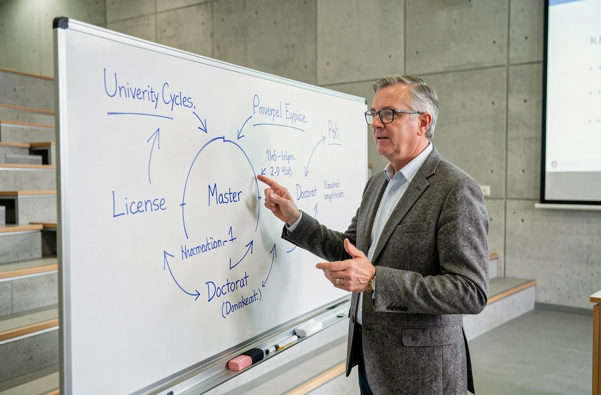 Professeur universitaire expliquant les trois cycles du système LMD devant un tableau blanc en amphithéâtre