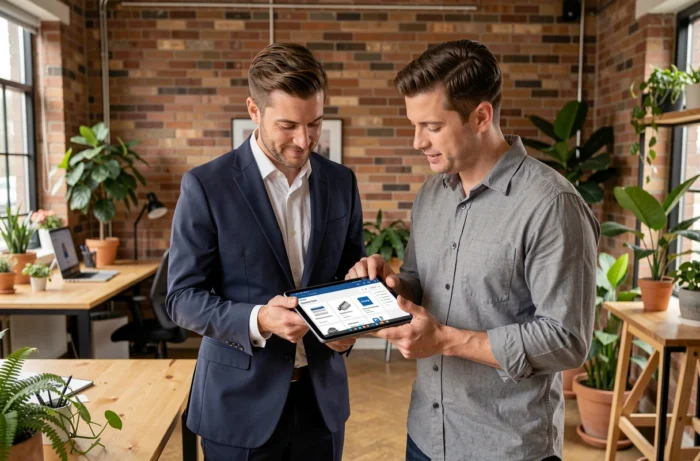 Deux professionnels B2B collaborant sur une tablette avec une interface de marketplace spécialisée dans un espace de coworking