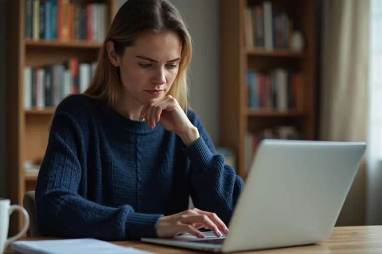 Femme protégeant son adresse email sur un ordinateur portable dans un bureau à domicile