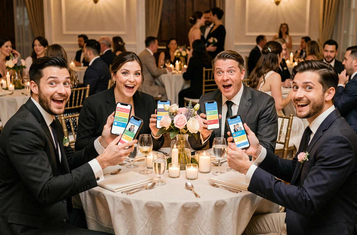 Invités de mariage participant à un quiz interactif sur le couple via leurs smartphones autour d'une table de réception