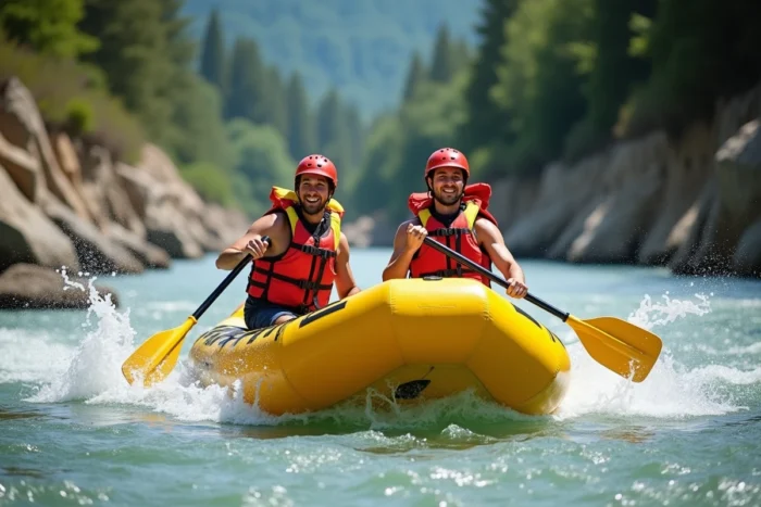 Deux amis en rafting sur les rapides de la rivière Ardèche avec des gilets de sauvetage colorés
