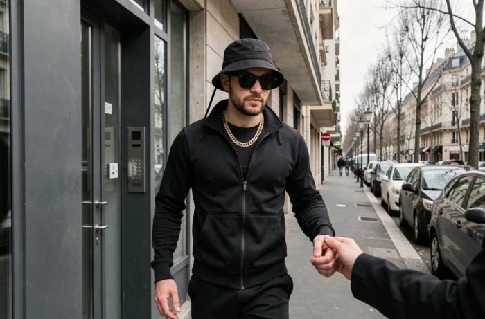 Rappeur français quittant un immeuble parisien avec une présence féminine discrète, illustrant le mystère autour de sa vie amoureuse