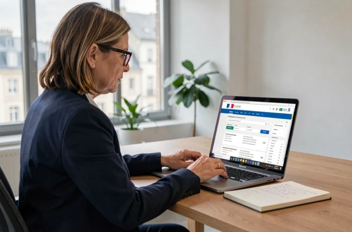 Femme recherchant des entreprises en liquidation judiciaire sur un portail légal français en ligne