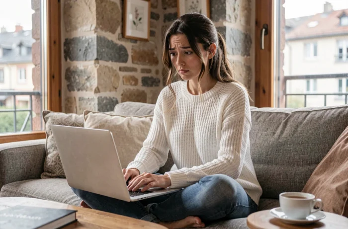 Jeune femme recherchant une mutuelle santé en ligne depuis son appartement à Grenoble en Isère