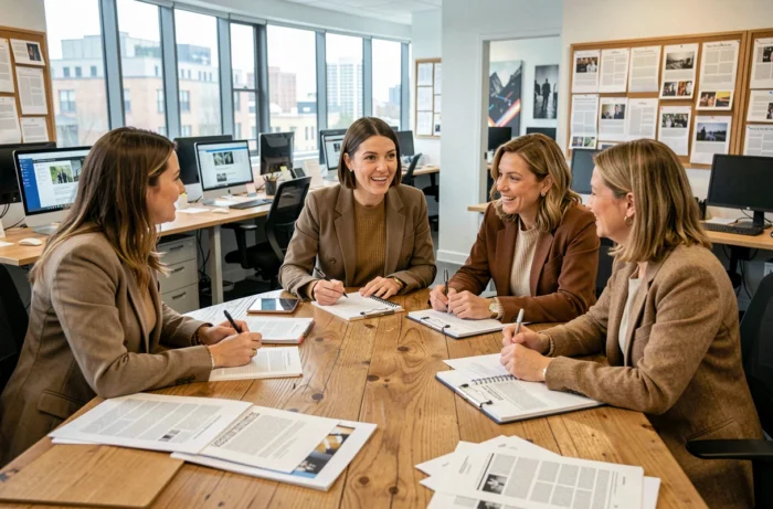 Trois femmes de générations différentes collaborant dans une rédaction moderne autour d'une table en bois, ambiance éditoriale féministe et inclusive