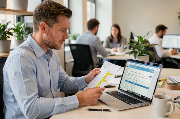 Homme professionnel consultant une liste imprimée avec des noms surlignés pour envoyer une relance ciblée aux destinataires n'ayant pas accusé réception du changement d'adresse mail