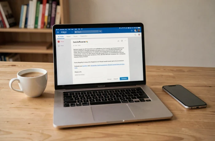 Écran d'ordinateur portable affichant une réponse automatique de redirection configurée sur une ancienne boîte mail professionnelle