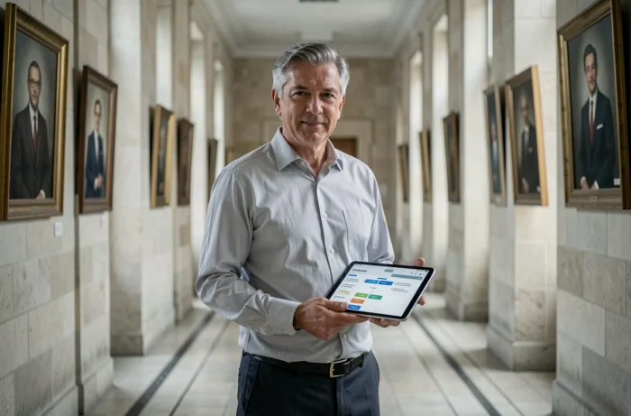 Élu ou responsable administratif d'une mairie consultant une application de gestion des collectivités sur tablette dans un couloir institutionnel