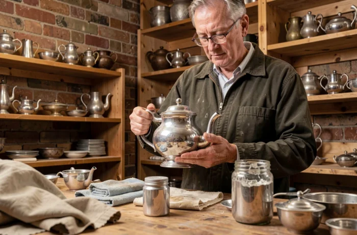 Homme inspecte une théière en argent polie dans un atelier de restauration d'objets anciens avec des produits nettoyants sur la table