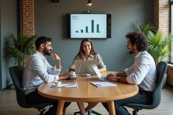 Équipe de professionnels en réunion stratégique autour d'une table dans un bureau minimaliste, représentant la collaboration et les conseils pour réussir en affaires