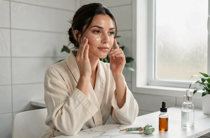Femme appliquant un sérum naturel sur sa peau devant une coiffeuse en marbre, routine beauté soins naturels