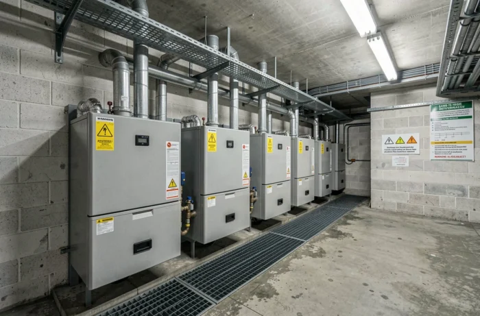 Salle des chaudières à condensation en rangée dans un immeuble résidentiel à Bruxelles avec réseau de tuyauterie et conduits d'évacuation