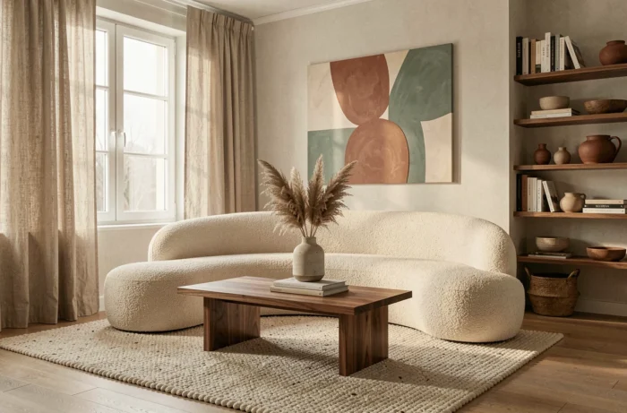 Salon scandinave contemporain avec canapé boucle crème, table basse en noyer et décoration en herbes de la pampa séchées tendance 2025