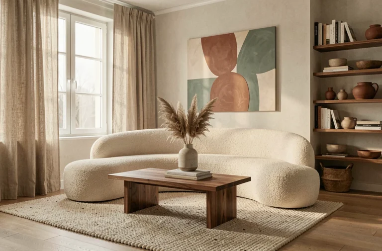 Salon scandinave contemporain avec canapé boucle crème, table basse en noyer et décoration en herbes de la pampa séchées tendance 2025