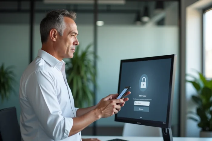 Homme configurant une double authentification pour sécuriser son compte email au bureau