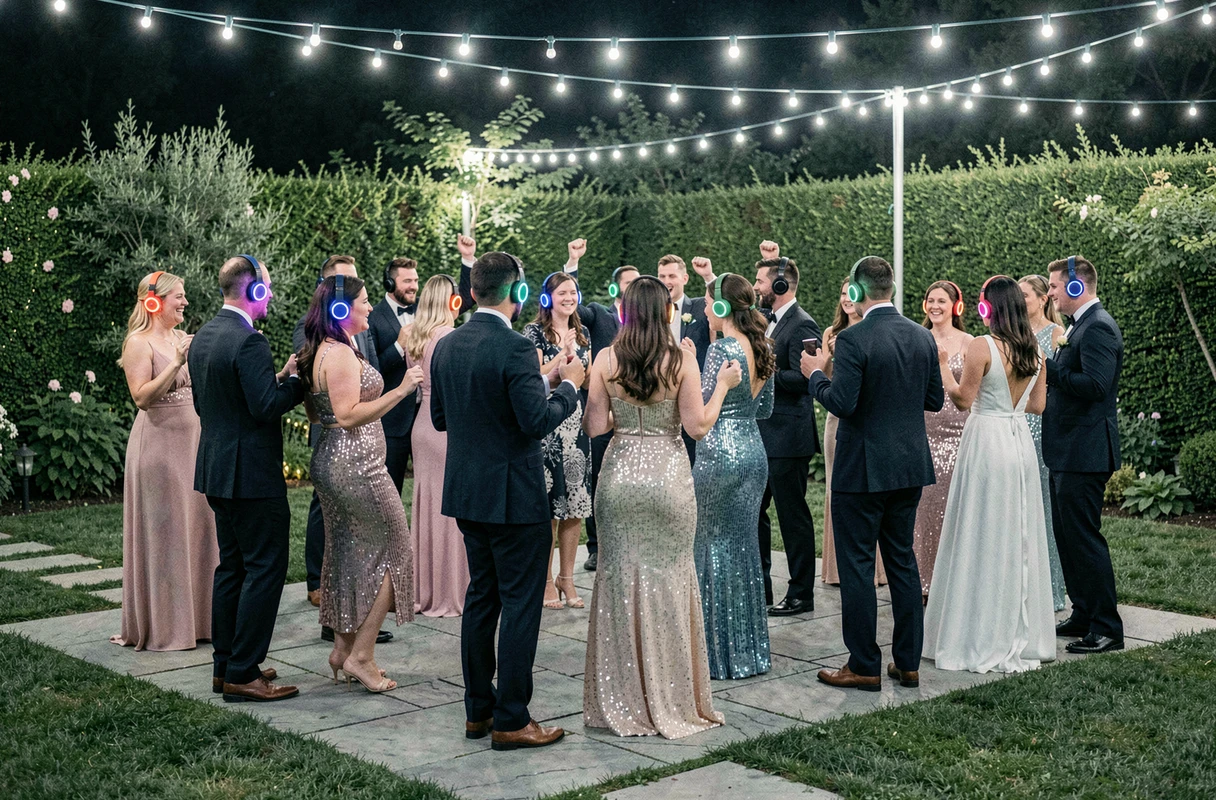 Invités d'un mariage dansant avec des casques colorés lors d'une silent party en soirée dans un jardin décoré