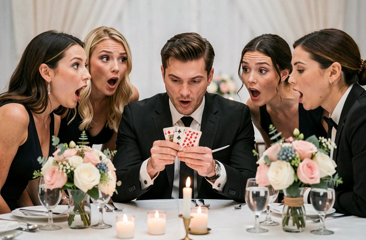 Magicien professionnel réalisant un tour de magie close-up devant des invités stupéfaits lors d'un dîner de mariage