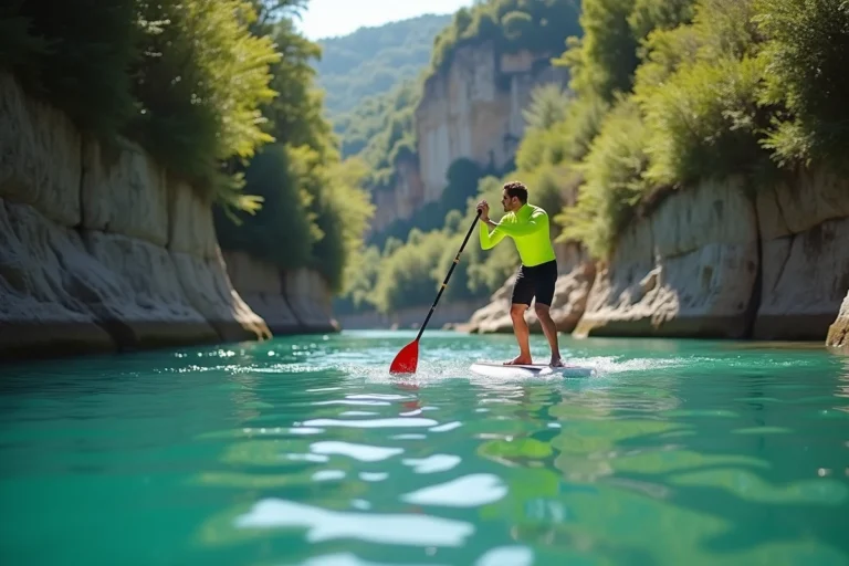 Homme en stand-up paddle sur une rivière turquoise entourée de falaises calcaires en France
