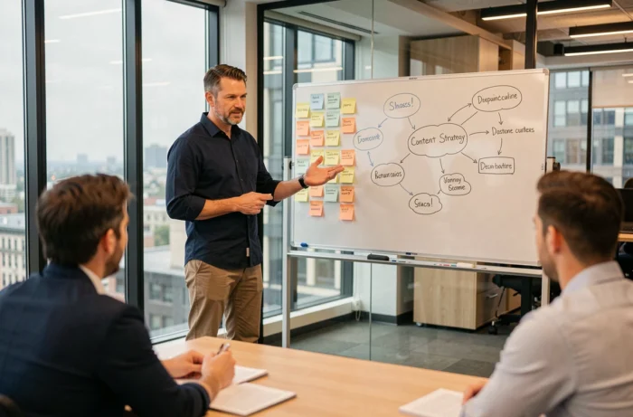 Manager présentant une stratégie de marketing digital sur tableau blanc lors d'une réunion d'équipe dans un espace de coworking moderne