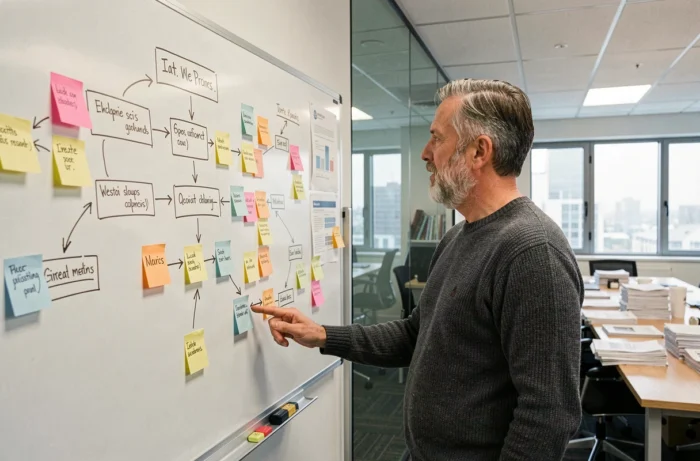 Responsable éditorial présentant la structure et l'architecture organisationnelle d'un site d'information en ligne sur un tableau blanc