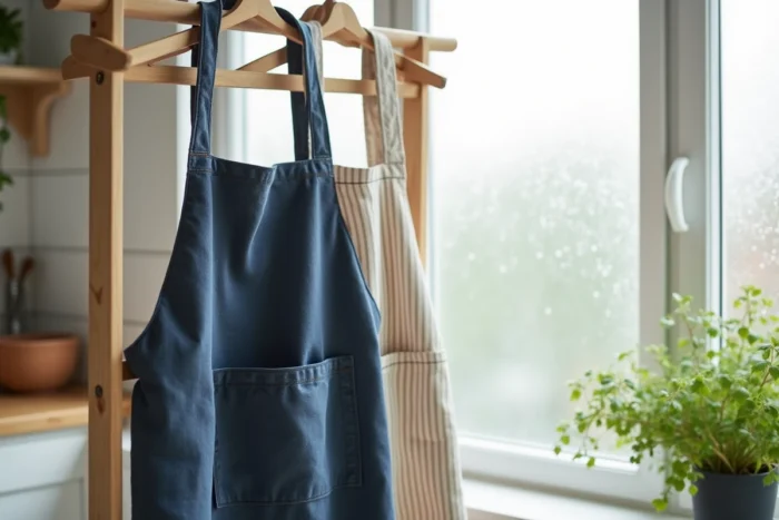 Deux tabliers de cuisine en coton suspendus sur un séchoir en bois dans une cuisine de style scandinave