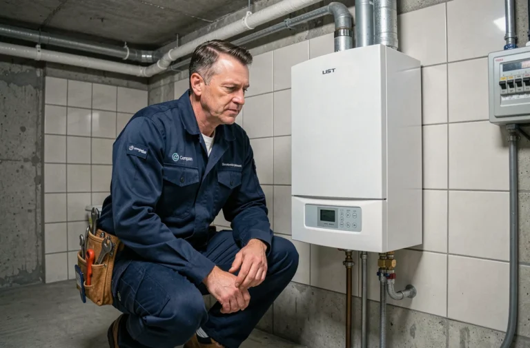 Technicien chauffagiste inspectant une chaudière à condensation dans la chaufferie d'un immeuble à Bruxelles