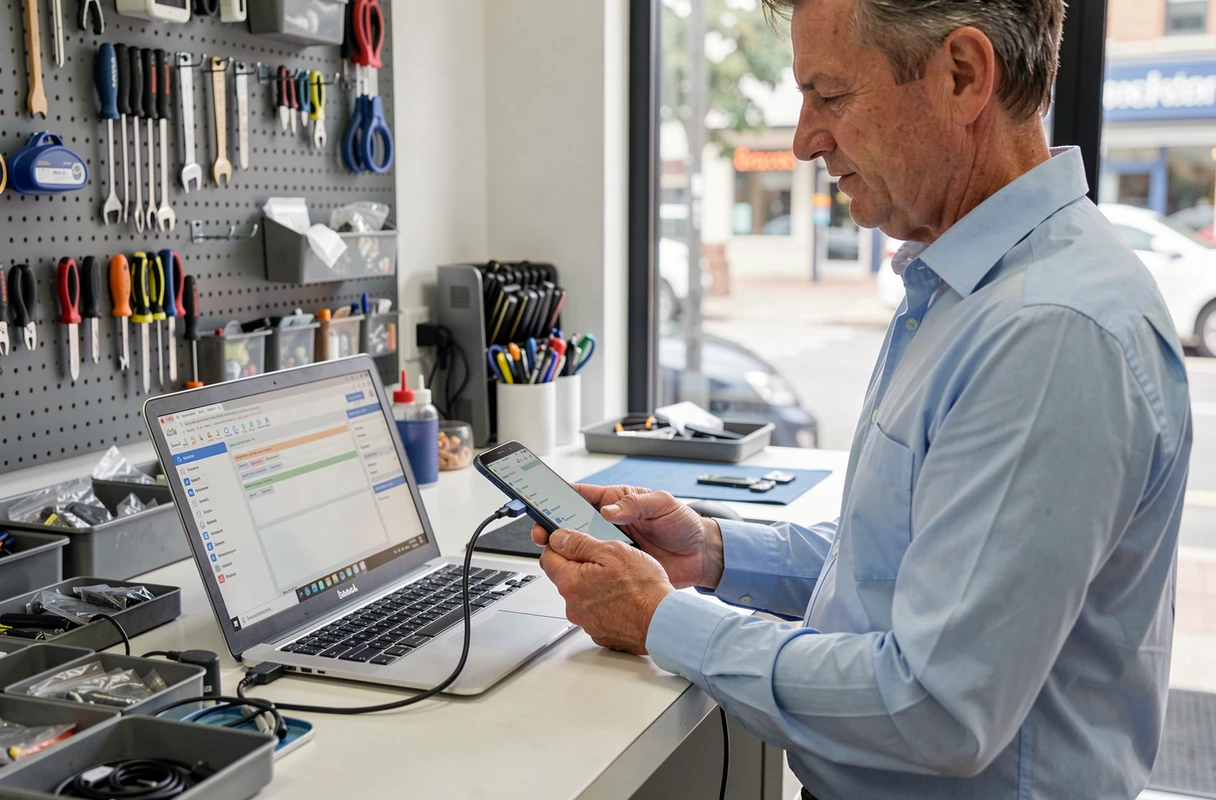 Technicien connectant un smartphone Android à un ordinateur portable pour un diagnostic dans un atelier de réparation