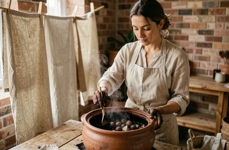 Femme artisane préparant une teinture noire écologique à base de noix dans un atelier en brique avec des tissus naturels qui sèchent en arrière-plan