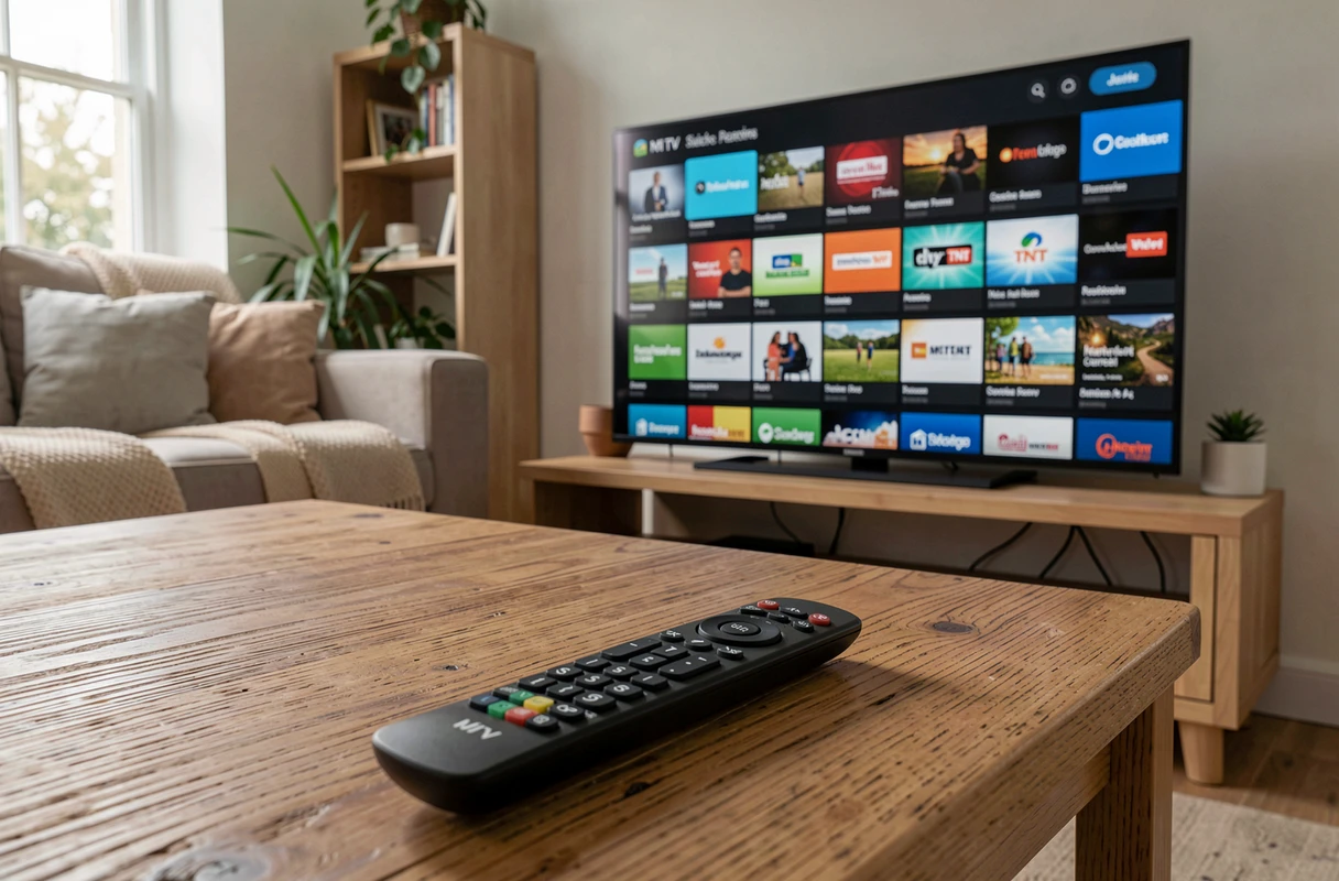 Télécommande Mi TV Stick posée sur une table basse devant un écran affichant les chaînes TNT