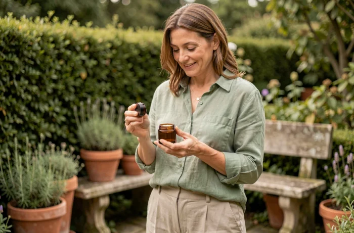 Femme tenant un pot de crème naturelle dans un jardin botanique, tendances beauté naturelle et soins organiques