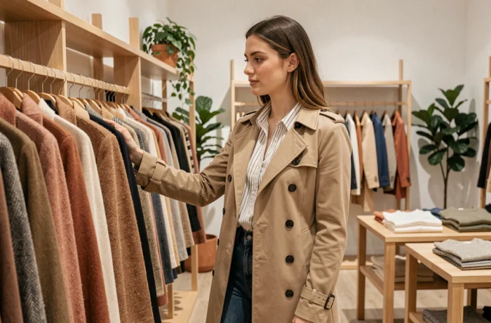 Jeune femme élégante découvrant les nouvelles tendances mode dans une boutique de prêt-à-porter moderne, parcourant un portant de vêtements tendance cette saison