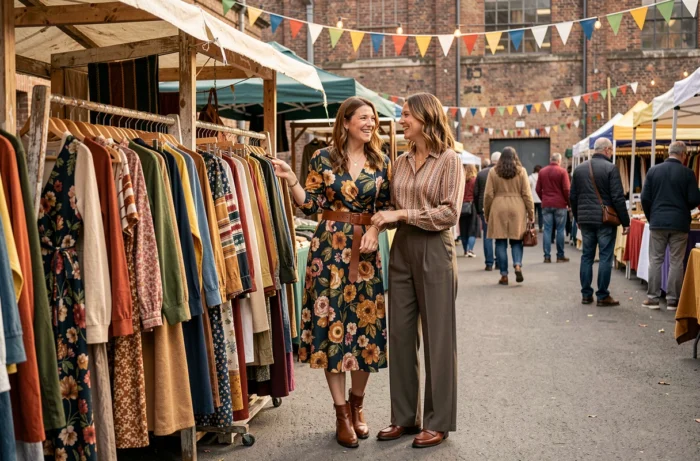 Deux femmes stylées explorant un marché de mode vintage et éco-responsable en plein air, découvrant des pièces tendance uniques sur des portants en bois