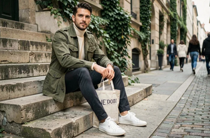 Homme tendance assis sur des marches en pierre dans un quartier urbain européen, arborant un look mode automne-hiver avec veste utilitaire et sneakers blanches