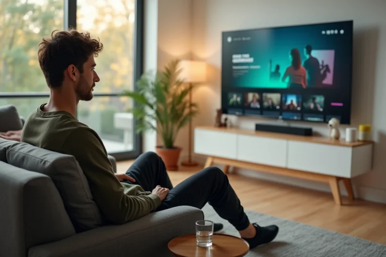 Jeune homme regardant une plateforme de streaming sur sa télévision dans un salon moderne en 2026