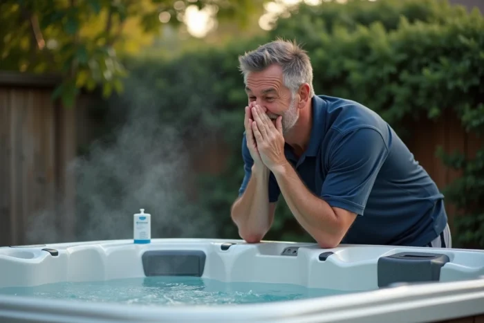Homme incommodé par les émanations de chlore s'échappant d'un spa extérieur