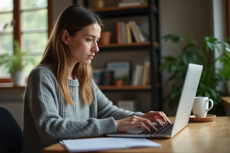 Femme concentrée vérifiant une adresse URL de site de streaming sur son ordinateur portable dans un bureau à domicile
