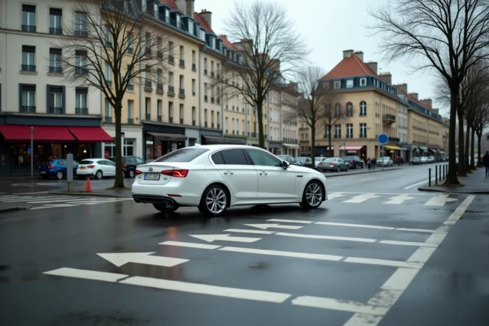 Voiture blanche effectuant un virage à gauche à une intersection urbaine française avec marquages routiers