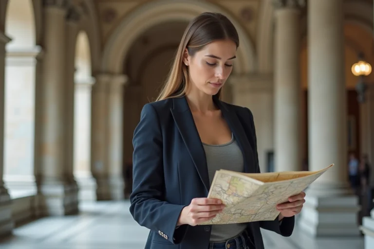 Femme consultant le plan du site Bozar dans le hall néoclassique du centre d'art à Bruxelles