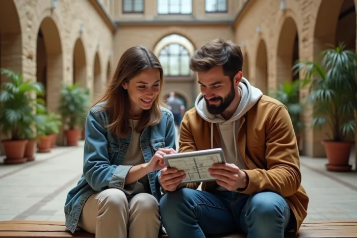 Deux visiteurs consultant le plan interactif du Bozar sur tablette dans l'atrium du musée