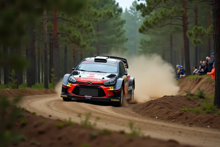 Voiture de rallye de l'équipe de Loeb et Godey en pleine action sur une spéciale forêt lors d'une étape de gravier