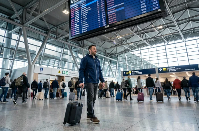 Voyageur confiant dans un grand aéroport international prêt pour un tour du monde
