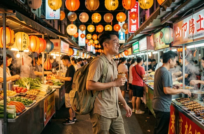 Voyageur solo explorant un marché nocturne animé en Asie avec des lampions colorés et des étals de rue