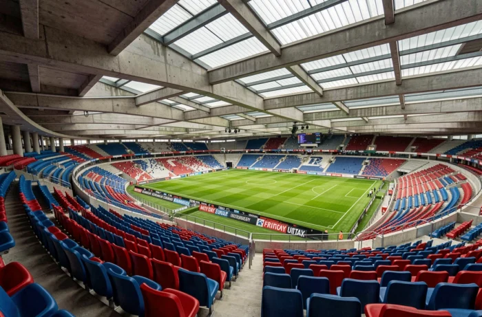 Vue panoramique de l'intérieur du Groupama Stadium avec les tribunes et la pelouse vues depuis les places en hauteur
